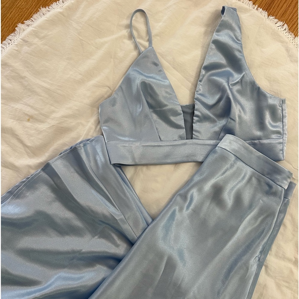 Lulus Forever A Flirt Light Blue Satin Two-piece Midi Dress